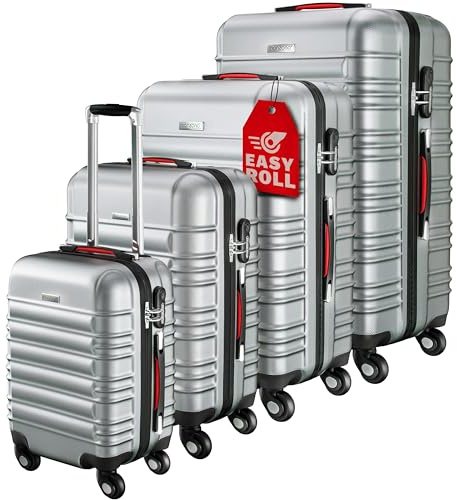 MONZANA® Kofferset 4tlg Hartschalen Koffer S-M-L-XL Gel-Griffe 4 Rollen ABS Hardcase Schloss Füße Trolley Rollkoffer Reisekoffer Set Silber