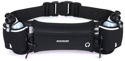 ROSSRORE Unisex Trinkgürtel zum Laufen mit 5 x 180 ml Wasserflaschen – kein Hüpf-Design, wasserdichte Hüfttasche für Handy, reflektierende Ausrüstung für Läufer, Radfahrer, Wandern (schwarz), Schwarz