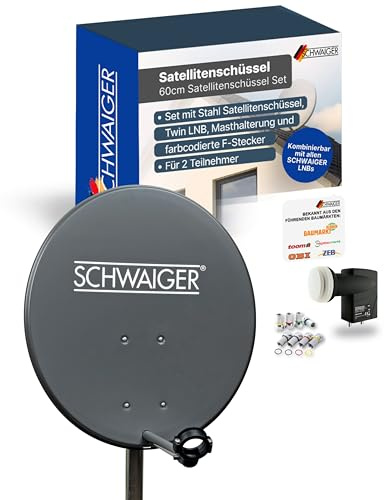 SCHWAIGER Satellitenschüssel Komplettset - Ø 60 cm Stahl Offset Antenne in Anthrazit - Inkl. sonnengeschütztes Twin LNB - Digital HD & 4K Empfang - Hitzebeständig & wetterfest