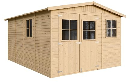 Gartenhaus Holz MIT IMPRÄGNIERTEM Boden - Geräteschuppen mit Fenstern - H226x418x320 cm/12 m² Naturholz-Shiplap-Schuppen - Gerätehaus - Fahrradschuppen - TIMBELA M336+336G
