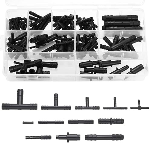 113 Stück T Schlauchverbinder Set, T-Verbinder Schlauchverbinder Bewässerung Anschluss Kit für Schläuche Tropfschlauch Garten T Stück Schlauchanschlüsse(12 Größen, Schwarz)