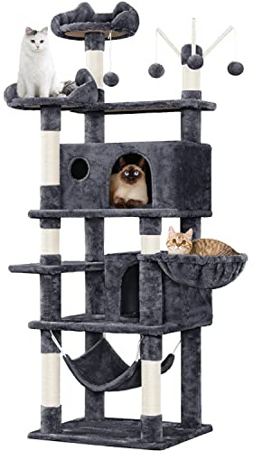 Yaheetech 170cm Kratzbaum Katzenbaum mit 3 Katzenangeln mit Ball dunkelgrau | FSC Mix-zertifizierte Spanplatten | Mehrstöckiger Kratzbaum für Katzen | mit Kippsicherung & großer Katzenhöhle & Hängematte