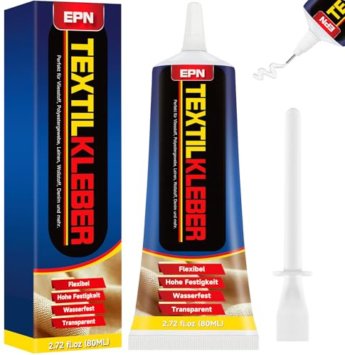EPN Textilkleber, Klarer Waschbarer Stoffkleber für alle Stoffe, wie Baumwolle, Flanell, Denim, Leder, Polyester, zur Puppenreparatur, Applikationen und DIY-Bastelarbeiten (80 ml)