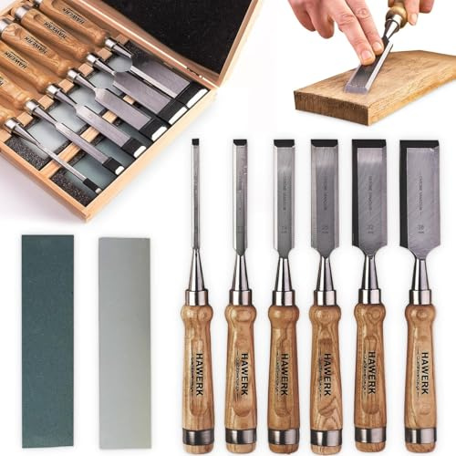 Hawerk Stechbeitel Set für Holz - Stemmeisen Set - Meißel für Holzbearbeitung - 6 Beitel + 2 Abziehsteine + Koffer - Satz Stecheisen für Holz - Holzmeiselset für Holzarbeiten