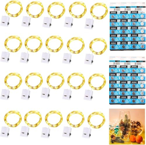 Dooozy 20 Stück Micro LED Lichterkette und 120 Batterie, 2M 20 Led Lichterkette 3 Modi Batterie Kupfer Drahtlichterkette Wasserfest für Weihnachten Außen Garten, Innen Hochzeit, Party(Warm Weiß)