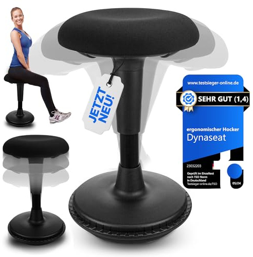 Dynaseat Ergonomischer Hocker höhenverstellbar zum Sitzen & Stehen (Schwarz, 45-65 Variante) - Sitzhocker Bürohocker ergonomisch - Schreibtischhocker mit Schwingeffekt - Stehhilfe