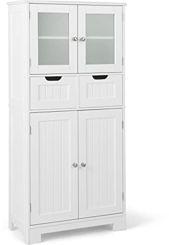 COSTWAY Badezimmerschrank, Badschrank hoch mit 2 Schubladen, 4 Türen und verstellbaren Regalen, Badkommode Aufbewahrungsschrank für Badezimmer, Küche, Wohnzimmer (Weiß)