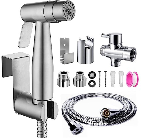 Handbrause Bidet Set, Doppelte Funktion Gebürstet Bidet Handbrause mit G1/2 T-Ventil und eine G3/8 Toilette Adapte Waschen Edelstahl Duschkopf Windel Dusche Tierbad