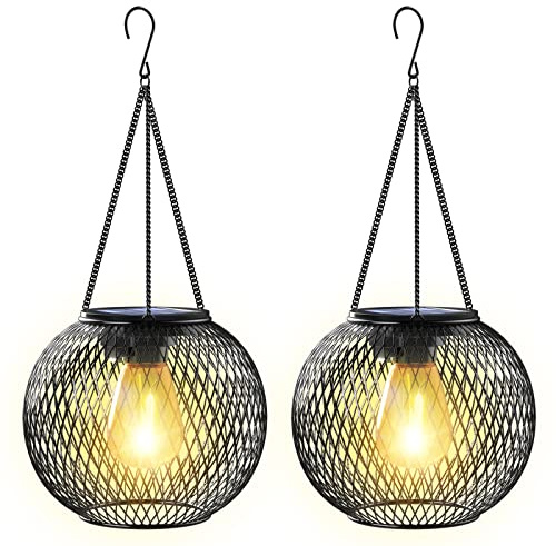 KagoLing Solarlampen für Außen Hängend, 2 Stück Metall Solarlaterne | Retro Größer LED‑Licht, IP65 Gartendeko Wetterfest Solarleuchten Garten mit Haken und Kette für Terrasse Rasen Balkon Hof