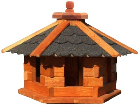 DARLUX Handgefertigtes Sechseck Vogelhaus aus Holz wetterfest M - XXL wahlweise mit und ohne Ständer, Futterhaus, Futterhäuschen (Größe M ohne Ständer, Schwarz - Braun)