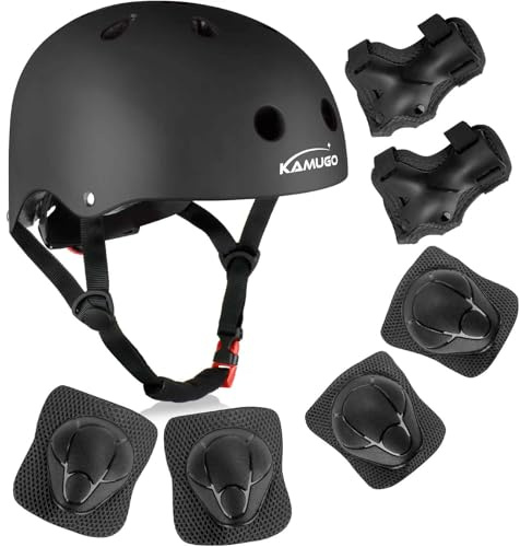 KAMUGO Kinderfahrradhelm, Helm für Kinder von 2 bis 8 Jahren, mit Sportschutzausrüstung, Kniepolstern, Ellenbogenpolstern und Handgelenkpolstern für Roller, Radfahren, Scooter(Schwarz Matt)