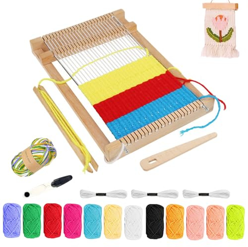 Webrahmen Kinder, DIY Holz Webrahmen Set 29 X 19 cm,Webstuhl Set mit 12 Farben Garn, Webkamm, Schere, Webstuhl Handarbeits, Webbrett Holz für Kinder 4-12 Jahre, Anfänger, zum Weben und Gestalten