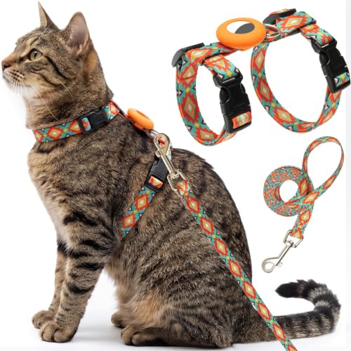 Katzengeschirr und Leine, ausbruchsicher, für Spaziergänge, Reisen, Outdoor, weiches Nylon, verstellbar, niedliches Katzengeschirr-Set mit Airtag-Halterung für kleine und große Katzen