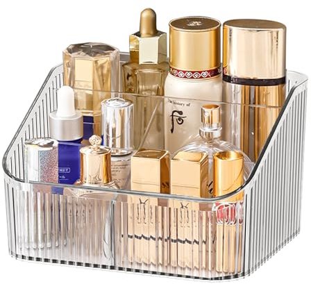 Homeanda Schminktisch Organizer, Make-up Organizer für Kosmetik und Pflege | Kosmetik Organizer aus Acryl mit 5 Fächern für Pinsel, Lippenstift, Hautpflege und Parfüm, platzsparend, Transparent