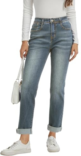 Alaster Queen Jeans Damen Classic Bequeme Mid Waist Freizeit Denim Simple Boyfriend Jeans Damen Mittelblau L