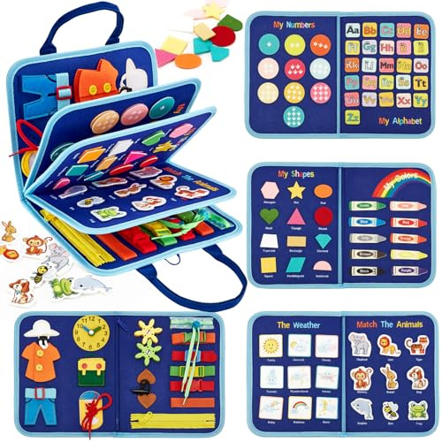 hahaland Busy Board - 7 in 1 Montessori Spielzeug ab 3 Jahre, Activity Board Motorikspielzeug für Kleinkinder, Interaktives Busy Book für Reise Auto Flugzeug, Geschenk Junge 3 Jahre (Dinosaurier)