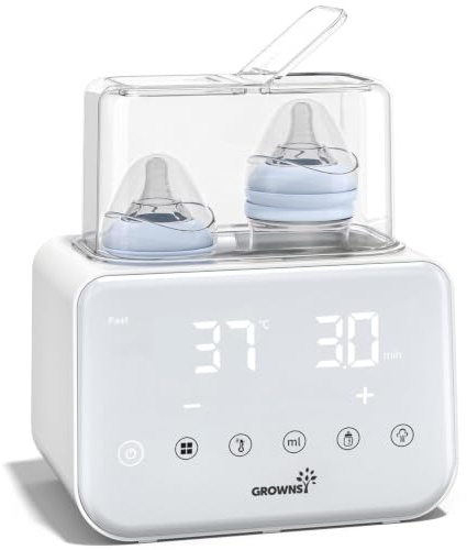 Grownsy Doppel Flaschenwärmer Baby, 10-in-1 Flaschenwärmer mit Sterilisator | 1°C Temperaturregelung, LCD-Display, 24h Warmhalten, Sterilisator, Auftauen und Babykostwärmer für Flaschen & Babynahrung