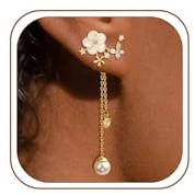 HARJJME Blumen Ohrringe Gold Silber 925 Hängend Damen 14K Vergoldet Lange Ohrringe Perlen Hängend Hypoallergene Schleifen Stecker Schmuck Geschenke für Frauen Verlobung Hochzeit