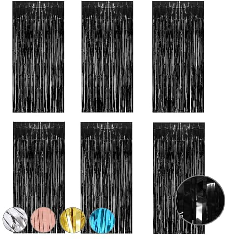 Lametta Vorhänge, 6 Stück Metallische Glitzervorhang Fringe 1m x 2m, Aluminiumfolie Quasten, Geburtstag, Hochzeit Party Dekoration, Geeignet für Weihnachtsbaum, Bühne, Halloween Dekoration (Schwarz)