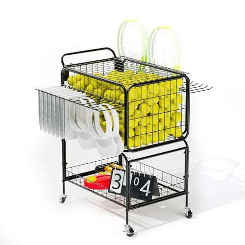 Mobiler Tennis Trainingswagen mit 2 Gitterkörben, bis 350 Tennisbälle, mit feststellbaren 360° Rollen & Schlägerhaltern für Tennis Pickleball, geeignet für Sportplatz und Garage