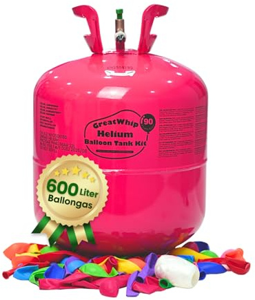 GreatWhip Ballongas für 90 Luftballons Helium Gasflasche 600 Liter (0,6m³) XXXL Einweg mit Füllventil, inkl. Kinderluftballons und Bänder, Hochzeit, Geburtstag, Firmenevent, Party