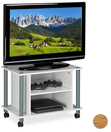 Relaxdays TV Tisch mit Rollen, 2 Fächer, Fernseher Ablage, Fahrbarer Fernsehtisch, HxBxT: 45 x 60 x 40 cm, weiß-Silber