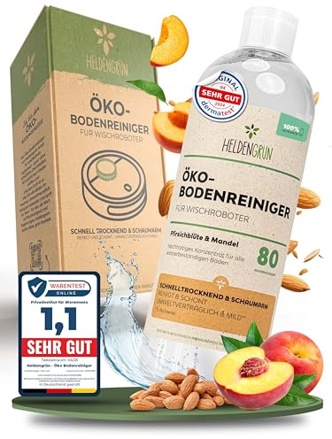 Heldengrün® Öko Bodenreiniger für Wischroboter [PFIRSICHBLÜTE & MANDEL] Dermatologisch getestet - Wischroboter Reinigungsmittel - Streifenfrei, schnelltrocknend & schaumarm - Reiniger Wischroboter