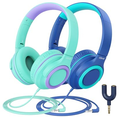 iClever HS22 Kopfhörer Kinder mit Sharing Splitter 2 Pack für Schule/Reisen | SafeSound Tech 3.0, Stereo-Sound, Faltbare, Tangle-Free, Komfortabel Over Ear Kinder Kopfhörer, Robuste kopfhörer mit kabel