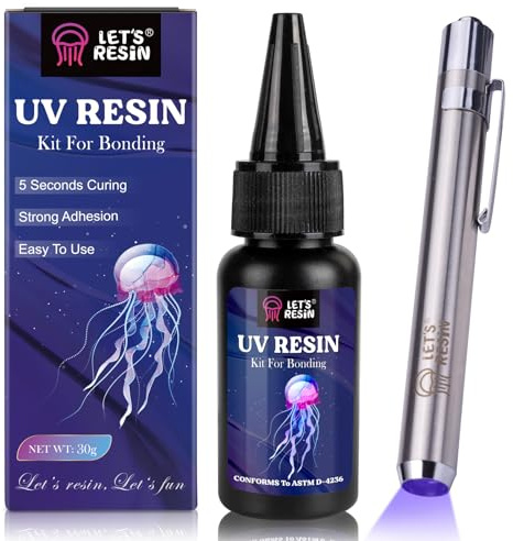 LET'S RESIN UV Resin Set mit UV Lampe, 30g UV Kleber mit lampe, Kleben & Aushärten in Sekunden, Schmuck UV Harz für Kunststoffreparatur, Glaslicht, Basteldekor