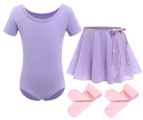 Kinder Mädchen Ballettkleidung Baumwolle Kurzarm Balletttrikot Turnanzug Tanzbody + Chiffon Wickelrock Tütü Rock Tanzkleid + Strumpfhose 3tlg Ballettanzug