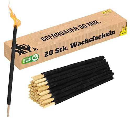 Nico Feuerwerk® Wachsfackeln 20 Stück, Brenndauer 90 Min. | Aus Wachs, mit Handschutz, Garten-Fackel für Outdoor, Party, Event, Nachtwanderung