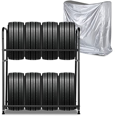 Vkechh 1* Reifenregal für 8 Reifen, 107 x 46 x 117cm Reifenständer 2 Schichtenn Höhenverstellung, Lagerregale Ladekapazität 180kg mit Reifenschutzhülle für Garage Keller Werkstatt