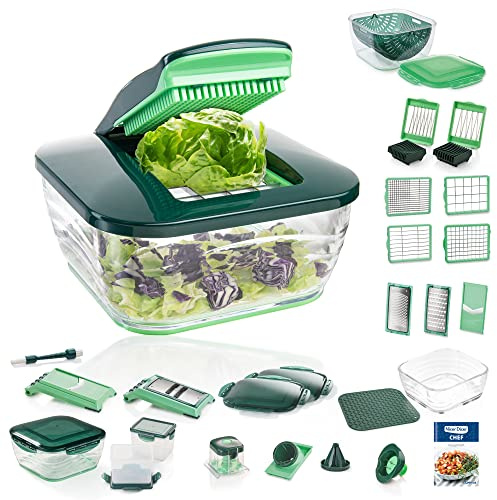 Genius Nicer Dicer Chef Deluxe XXL 37-teilig mit Glasschüssel-Set, Tomaten-Gemüse-Schneider & 3in1 Siebschüssel - Zerkleinerer Zwiebelschneider Pommesschneider, Grün
