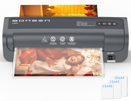 BONSEN Laminiergerät A4 mit Never Jam Technologie, 60 Laminierfolien inkl. (30 x A4, 15 x A5, 15 x A6), Präzise NTC Temperaturkontrolle, Schnelllaminierung für Zuhause, Schule, Büro, L3401