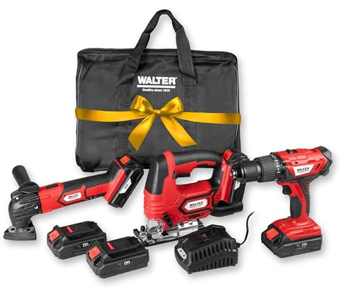 WALTER Geschenke Werkzeugset 7tlg | Akku Stichsäge, Bohrschrauber, Multifunktionswerkzeug, Haushalts-Elektrowerkzeug, inkl. Ladegerät und 2 Akkus, Heimwerker