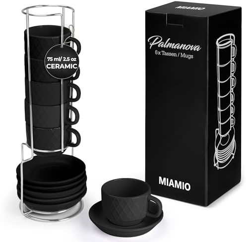 MIAMIO - Espressotassen Set / Mokkatassen (75ml, Schwarz) - Palmanova | Keramik Espressotassen ohne Henkel, dickwandige Mokkatassen für Espresso und Mokka, 75ml, Schwarz - spülmaschinenfest