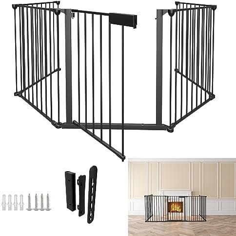 Izrielar Kaminschutzgitter mit Tür 310cm, Tierschutzgitter Absperrgitter Metall Babygitter Sicherung für Kinde inkl. 5 Elemente, Ofenschutzgitter Laufstall faltbar, Schwarz