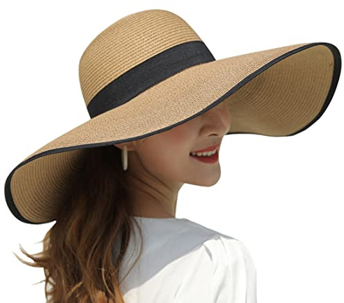 BABAHU Sonnenhut für Damen, faltbar, mit breiter Krempe, Strohhut, UV-Schutzfaktor 50+
