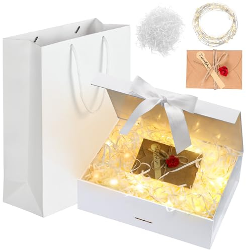 Idota Geschenkbox mit Deckel, Geschenkschachtel Weiß Geschenkkarton M | Mit Schleife, Tasche, Farbband, Licht, Raffia, Grußkarten,Geschenkboxen für Hochzeit Geburtstag Weihnachten Jubiläum (Weiß M)