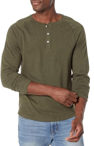 Amazon Essentials Herren Langärmeliges Henley-Shirt, Olive Heather, L