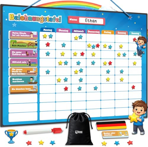Belohnungstafel für Kinder – Magnetischer Aufgabenplaner mit 380 Magneten & 80+ Aufgaben, Montessori Belohnungssystem für Verantwortung & Routinen, 3–8 Jahre