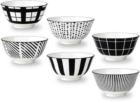 Schalen Set Kleine Dessertschalen Porzellan - Keramik Schale Schwarz und Weiss 300 ml - 6er Schälchen für Eiscreme | Dessert | Nachtisch | Snack | Reis - Mikrowellen und Spülmaschinenfest - 11.5×7 cm