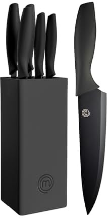 MasterChef Messerblock mit Messer, Messerset mit Block, Scharfe Messer Set mit Küchenmesser, Kochmesser, Brotmesser, Schälmesser & Allzweckmesser, Edelstahlklingen, Softgriff, 6-teilig, Schwarz