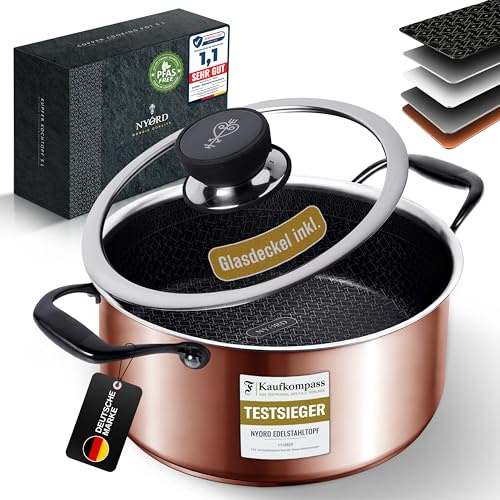 NYORD Kupfertopf - Antihaft, Kratzfest, Kochtopf Wabenstruktur, Hybrid Kupfer Topf, Kupferkern, Keramik Beschichtung, PTFE & PFOA frei, Ofenfest, für Induktion, Gas & Ceran, mit Deckel - 24 cm, 5l