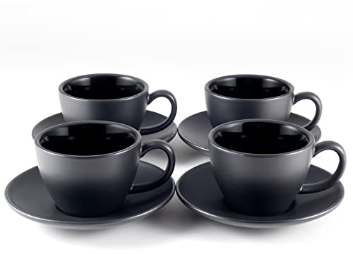 Hanseküche Cappuccino Tassen 4er Set (180 ml) aus Steingut - Hochwertige und dickwandige Kaffeetassen mit Untertassen - Edle Milchkaffeetassen (Schwarz)