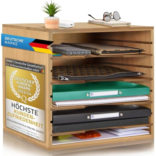 Dimono® Dokumentenablage A4 mit 5 Fächern, Schreibtisch Organizer Bambus | Sofortige Ordnung am Schreibtisch, 4 ausziehbare Böden für DIN A4, Papierablage aus Holz, variables Ablagesystem Büro