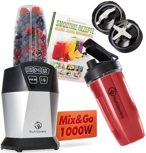 Nutrilovers Smothiemaker NUTRI-BLENDER Smoothie-Maker to go 1000 Watt Mixer Smoothies Auto-IQ, BPA-frei, Inkl. Rezeptbuch, 2x Becher & Zubehör