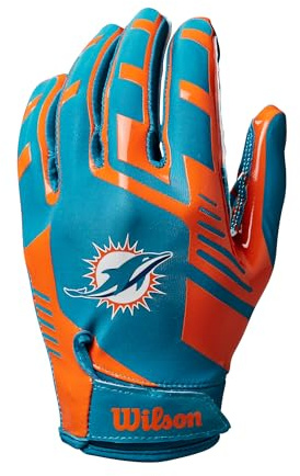 Wilson AD NFL Stretch Fit Football-Handschuhe, Hervorragende Passform und sicherer Grip, Aus atmungsaktivem Material, Optimale Performance, Team: Miami Dolphins, Farbe: Grün/Orange, Erwachsenengröße