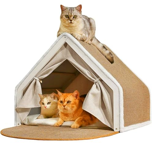 Katzenhaus Katzenhöhle Katzenzelt Kratzbrett Sisal | 2-in-1 Holz Katzenzelt indoor & Kratzbaum Klein & Katzenbett 2 Stöckig mit Spielball, Katzenspielzeug für Katzen