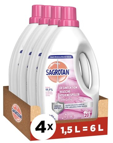 Sagrotan Wäsche-Hygienespüler Sensitiv 0% – Desinfektionsspüler für hygienisch saubere und frische, ohne Farb- und Duftstoffe – 4 x 1,5 l Reiniger im praktischen Vorteilspack